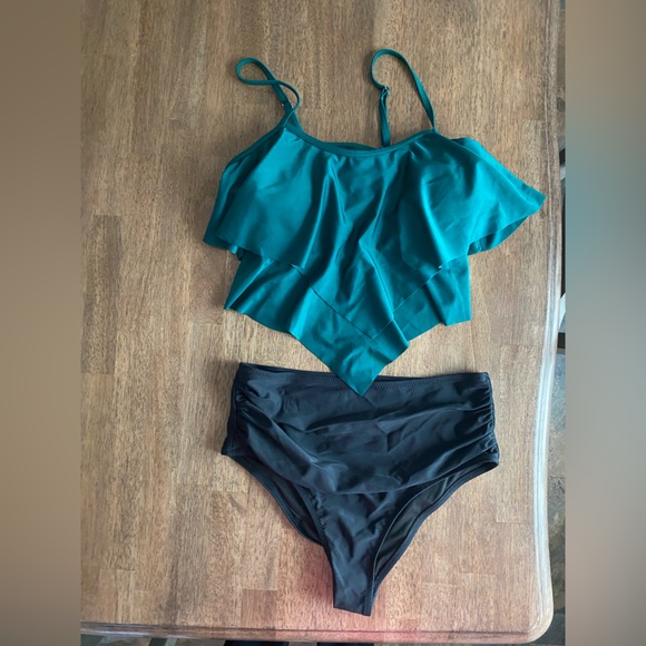 Other - Women's Teal Ruffle Swim Top with Black Swim Bottoms